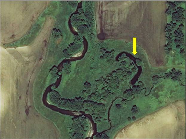 The same oxbow restoration sites after restoration is complete. Oxbow now holds water year-round and connects with creek during high flows, which allow fish to access the habitat.